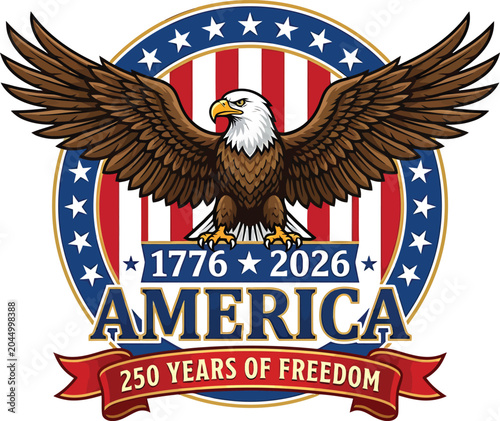American eagle emblem for 250th anniversary celebration with stars and stripes shield vector illustration for patriotic events