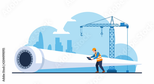 Engineer Inspecting Large Wind Turbine Blade at Construction Site for Renewable Energy Concept