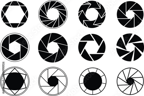 Photos Camera shutter aperture icons, lens diaphragms elements for photography logo des