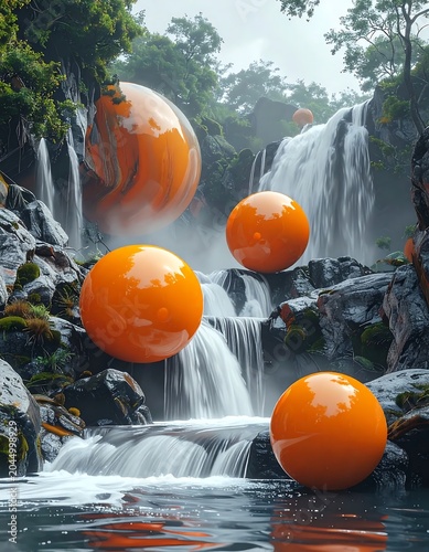 Glossy Orange Spheres Resting Among Cascading Waterfalls in Misty Forest Gorge