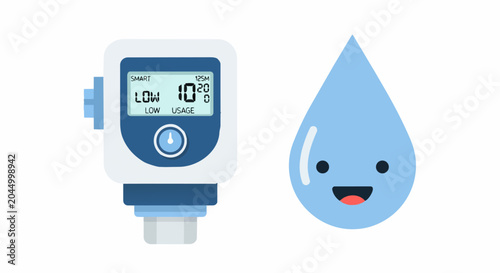 Smart Digital Water Meter with Cute Smiling Water Drop Mascot - Sustainability and Water Conservation Concept Vector