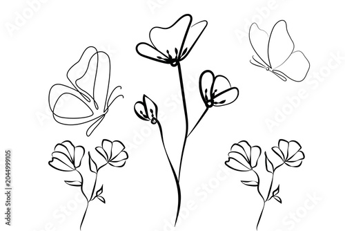 Black and white line drawing of wildflowers in minimalist botanical illustration style