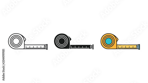 Tape measure vector icons set in line art flat and silhouette styles