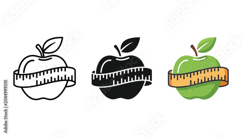 Bild auf Leinwand Apple fruit with measuring tape vector illustration set