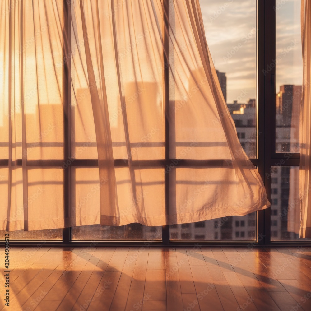 Obraz premium Sheer curtains blowing in the wind in front of a large window overlooking a city skyline at sunset