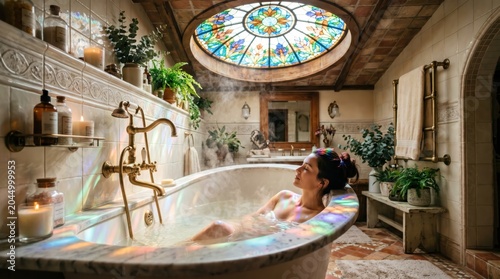 Woman soaking in vintage marble bathtub under stained glass skylight in ornate bathroom. relaxing spa like scene with steam, candles and brass fixtures creating warm calm atmosphere.