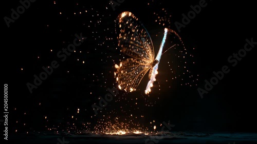 Fiery Butterfly Emerges from Sparks in Darkness.