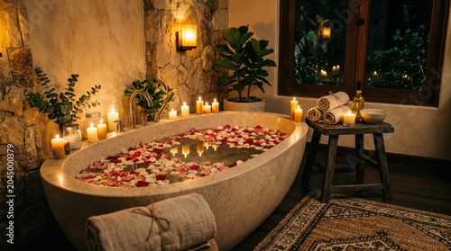 Stone bathtub filled with rose petals and surrounded by lit candles in cozy spa bathroom. soft towels, plants and wooden accents create warm intimate evening setting for relaxation and self care.