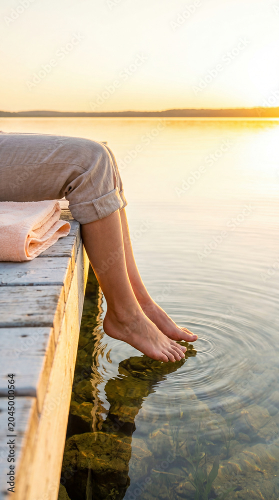 Obraz premium Woman sitting on wooden dock with feet in water at sunset. Country holiday at lake. Relaxation during summer vacation. Peaceful lifestyle outdoors near river during evening golden hour.