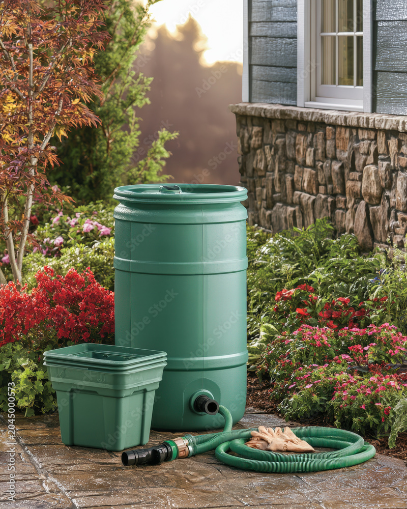 Obraz premium Backyard Rain Barrel And Hose For Eco Friendly Garden Watering