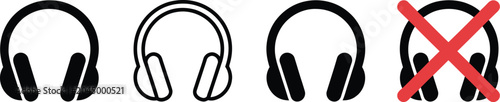 Headphone, icons set, audio device symbols including normal and no sound prohibition signs for music listening restriction and media control design.