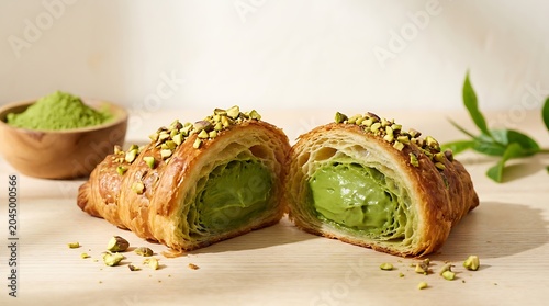 Delicious matcha green tea croissants on wooden table.