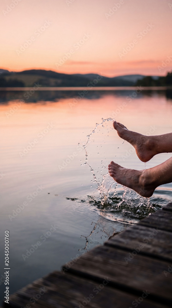 Obraz premium Woman splashing feet in lake water from wooden pier at sunset. Vacation lifestyle, relaxation and freedom concept. Enjoying summer country holiday by water in evening scenery.