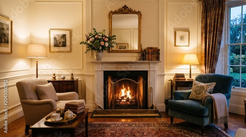 Elegant sitting room with roaring fireplace, upholstered chairs and refined furnishings. inviting indoor scene with decorative mirror, side tables and soft ambient lighting for relaxing evening.