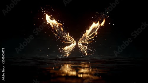 Fiery Butterfly Wings Emerge from Dark Water with Sparkling Reflections.