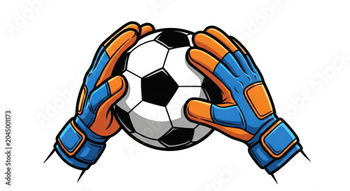 Cartoon illustration of goalkeeper hands holding a soccer ball isolated on transparent background