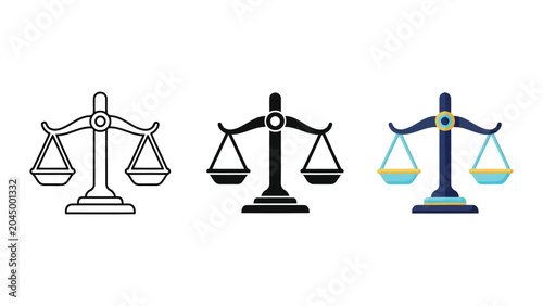 Scales of justice vector icons set in line art, silhouette and flat design styles