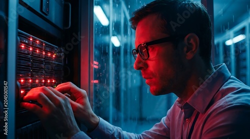 Man working on computer server in data center.