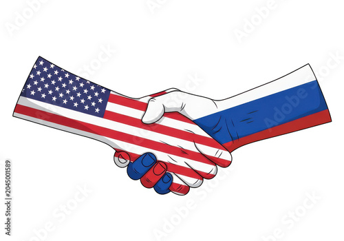 Handshake between the united states and russia flags in a symbolic gesture of unity and cooperation isolated on transparent background
