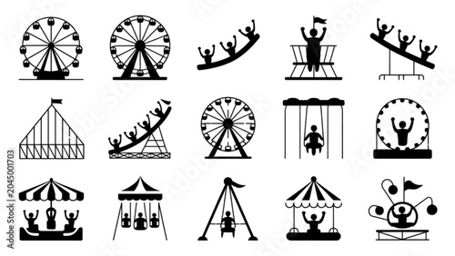 Bild auf Leinwand Colorful amusement park rides and attractions flat icons set