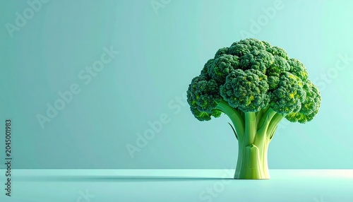Fresh green broccoli head on a clean pastel blue background
