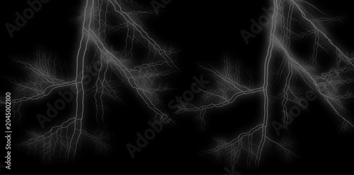 Glowing white lightning branches on black background, abstract electricity pattern
