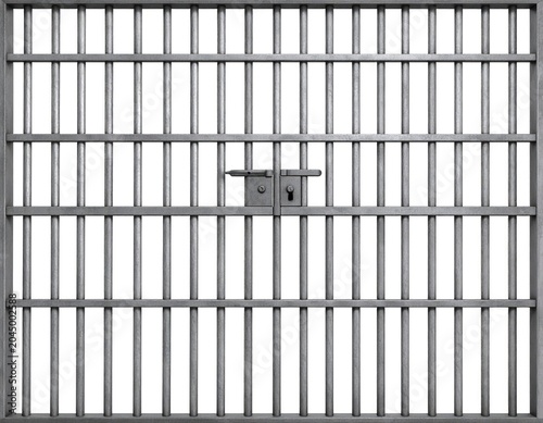 A stern, metallic prison cell gate with a central lock and handle