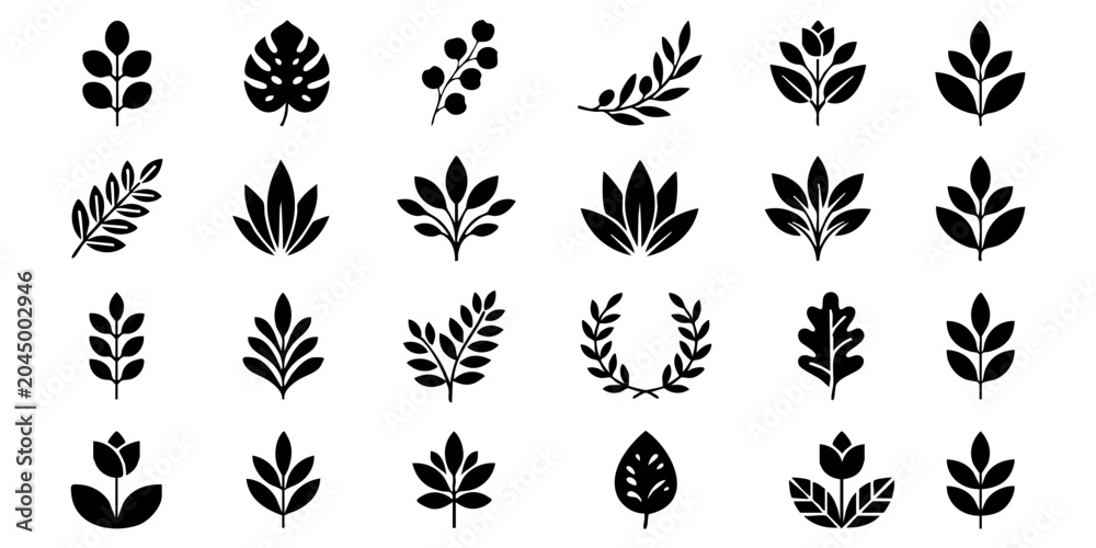 Fototapeta premium Various black leaf silhouettes arranged on a white background for illustration