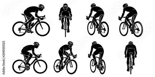 Cyclists riding bicycles in various poses on a road