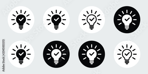 Bild auf Leinwand Light bulb, icons set, approved idea symbols with check mark representing innovation thinking validation and successful solution concepts