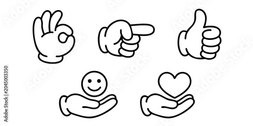 Fotografie A hand-drawn illustration showing various hand gestures and emotive symbols
