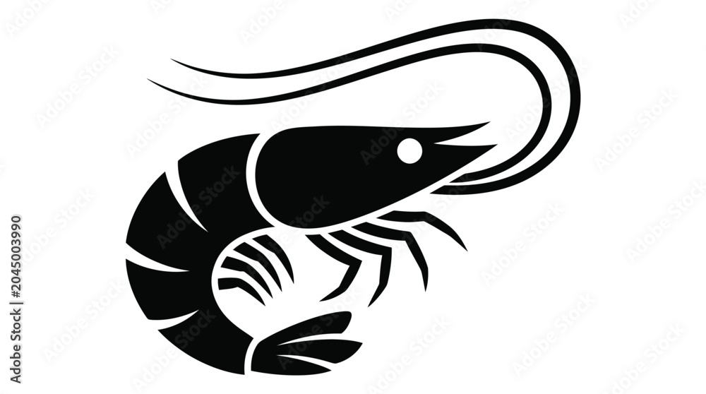 Fototapeta premium Black and white graphic illustration of a single shrimp showing a simple and clean design style