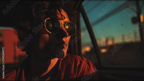 Man driving car at sunset with sunglasses on.