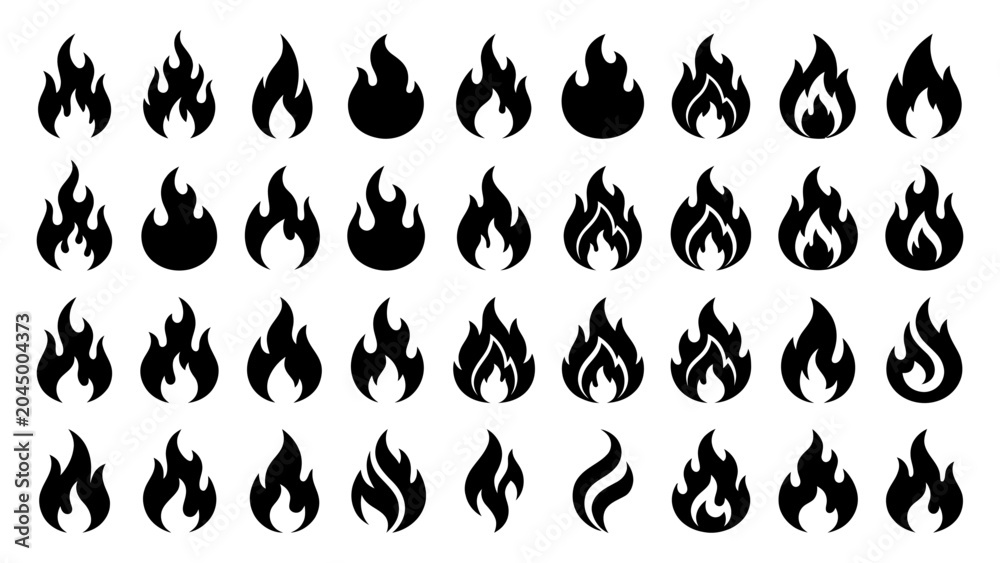 Obraz premium Fire flame icon set with various black silhouette shapes for graphic design and logo creation vector