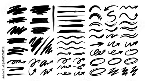 Tablou pe pânză Hand drawn black ink brush strokes arrows circles and underlines vector set for