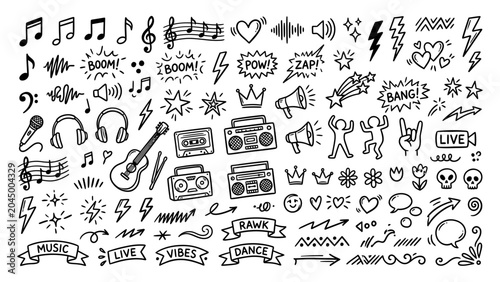 Music and pop culture doodle icon set featuring guitar boombox headphones musical notes and comic speech bubbles vector line art