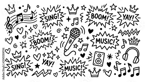 Quadro em tela Hand drawn music doodle collection with microphone headphones musical notes and