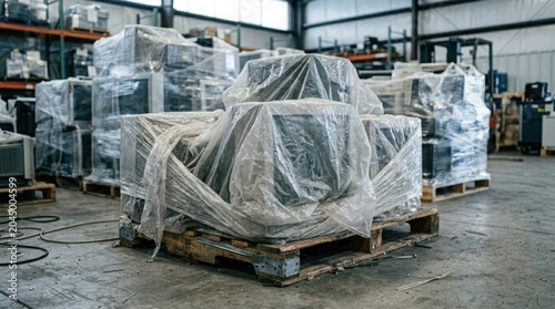 Old computer monitor stacked on wooden pallet in warehouse. E-waste recycling center stored equipment. Discarded technology and electronics management for hardware disposal process.