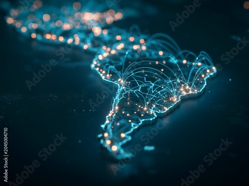 Digital network connections across South America map showcasing technology communication and global connectivity