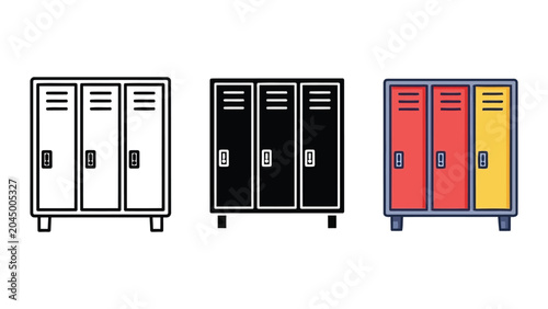 Set of school lockers in outline silhouette and flat color vector illustration