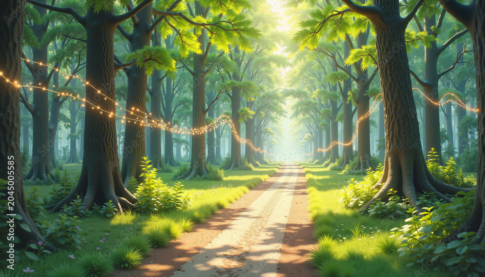 Fototapeta premium tranquil forest pathway illuminated by soft lights surrounded by lush greenery and gentle foliage inviting exploration and reflection, with copy space