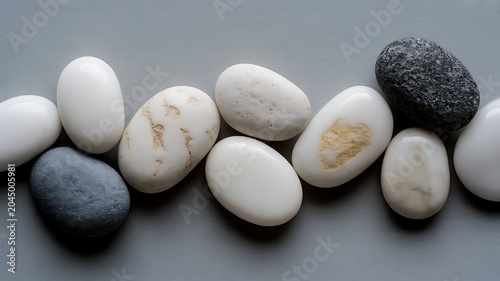 Collection of polished smooth stones arranged in a horizontal line with contrasting white, beige, and gray colors highlighting natural balance and calmness