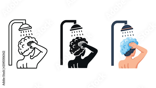 Person washing hair in shower vector illustration set