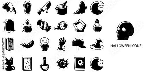 Halloween simple New concept 24 Black and White Color icons set. Vector illustration.