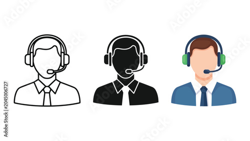 Foto Customer service representative vector icon set with line art silhouette and fla