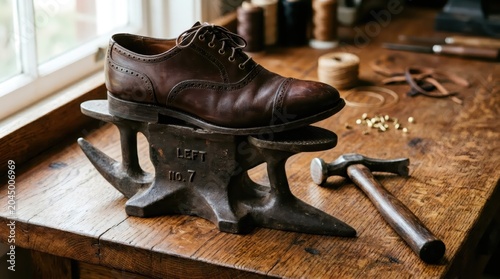 Brown oxford shoe on an iron cobbler anvil with hammer on a wooden workbench. Handicraft workshop tools for footwear repair or bespoke leather craft. Artisan shoemaker equipment concept.