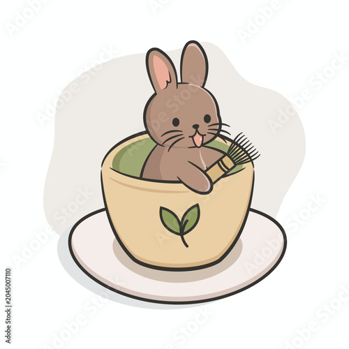 Cute rabbit in a matcha tea cup vector illustration featuring an adorable bunny holding a whisk inside a cup decorated with leaf symbol