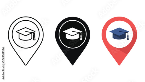 Graduation cap location pin icons in line art solid and flat vector styles