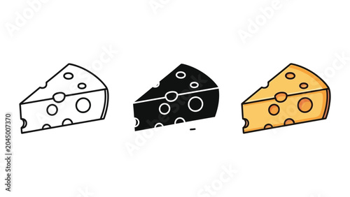 Cheese wedge vector illustration set with outline silhouette and color icons