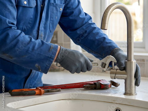 Professional Plumber Repairing Modern Kitchen Faucet with Adjustable Wrench and Plumbing Tools, Close Up Hands at Work, Residential Maintenance Service, Home Plumbing Repair
